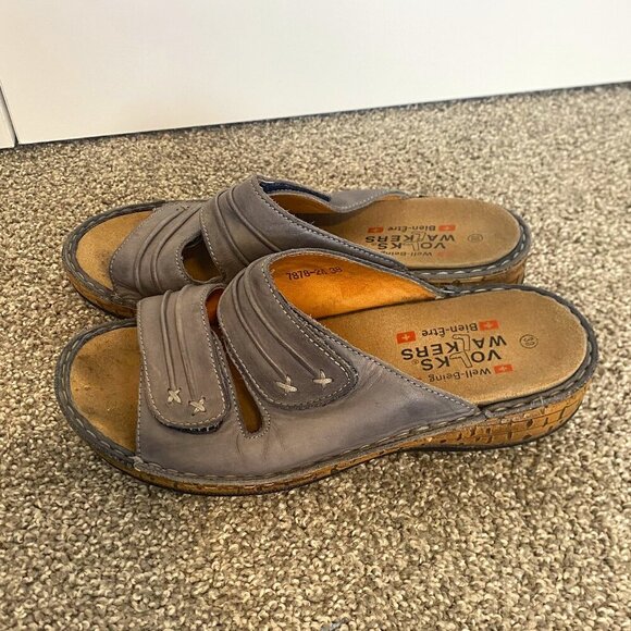 VOLKS WALKERS Slides Grey Wedged Leather Sandals Wedges Size EU 38 / Size US 8.5 - Picture 1 of 9